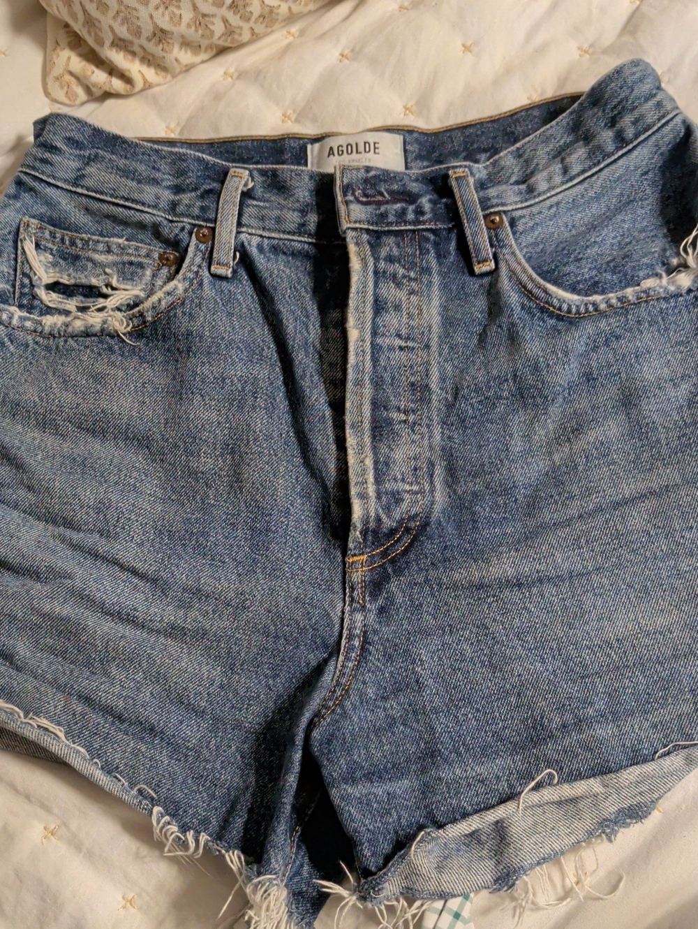 Agolde Distressed High-Rise Denim Shorts in Light Blue